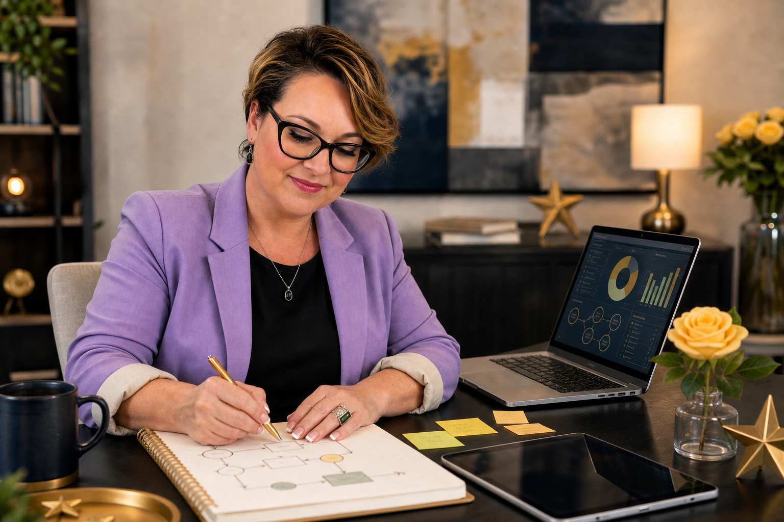 Julie Bollich, Ed.D., founder of Hey Y'all Solutions, sketching workflow diagrams at her desk