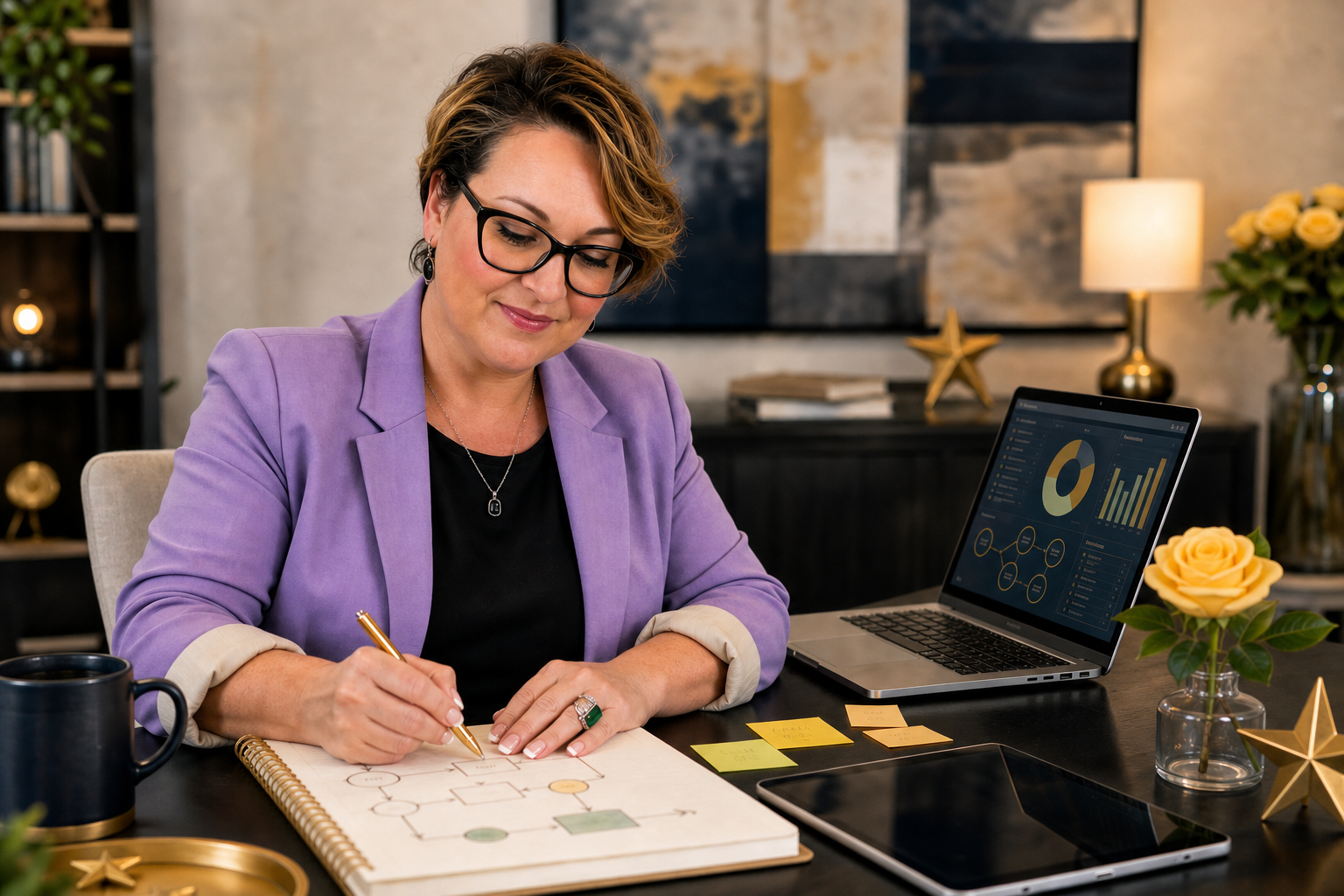 Julie Bollich, Ed.D., founder of Hey Y'all Solutions, sketching workflow diagrams at her desk